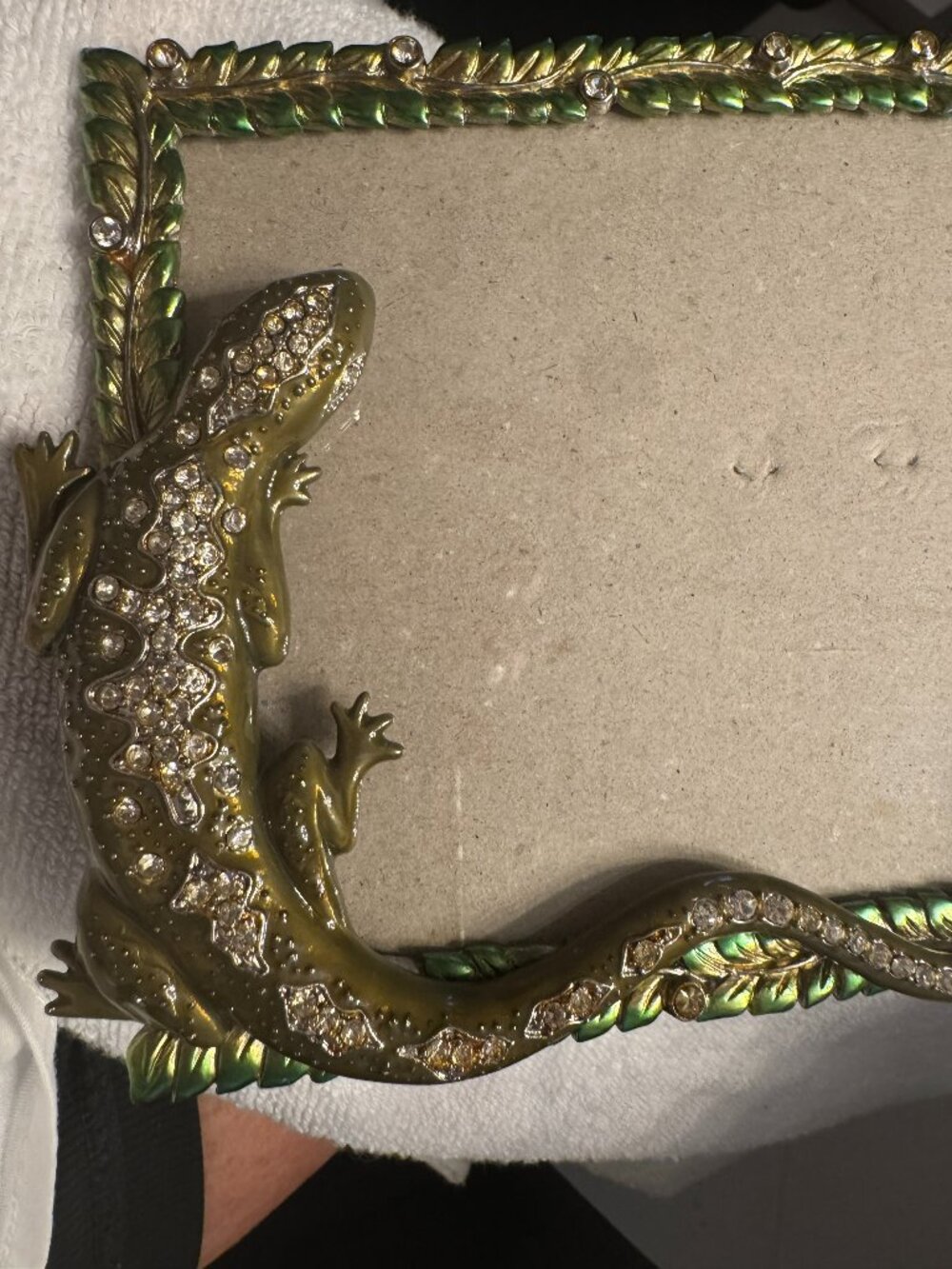 Vintage Z Gallerie Lizard frame, retired, green enamel/gold leaves/Swaroski